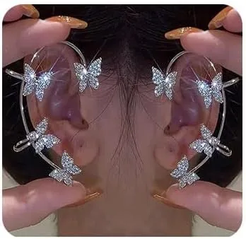 Rhinestone Butterfly Earrings and Ear Cuffs - No Piercing Climber Ear Cuff 2Pcs for Women
