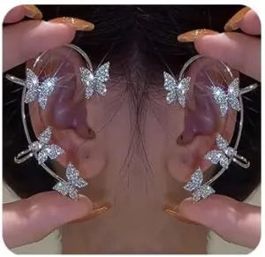 Rhinestone Butterfly Earrings and Ear Cuffs - No Piercing Climber Ear Cuff 2Pcs for Women