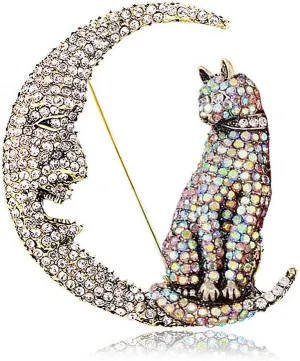 Rhinestone Cat on the Moon Brooch Pin for Women Girls Vintage AB Crystal Animal Kitten Crescent Celestial Brooches Lapel Pins Dainty Exaggerated Christmas Easter Jewelry Unisex Gift