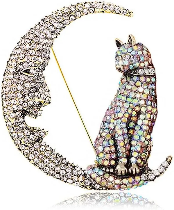 Rhinestone Cat on the Moon Brooch Pin for Women Girls Vintage AB Crystal Animal Kitten Crescent Celestial Brooches Lapel Pins Dainty Exaggerated Christmas Easter Jewelry Unisex Gift