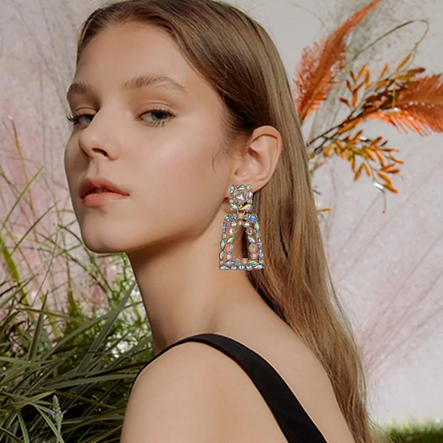 Rhinestone Rectangle Dangle Drop Earrings for Women Geometric Statement Earring Boho Bohemian Sparkly Crystal Prom Jewelry