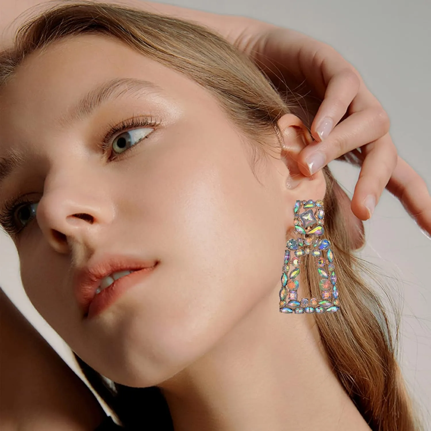 Rhinestone Rectangle Dangle Drop Earrings for Women Geometric Statement Earring Boho Bohemian Sparkly Crystal Prom Jewelry