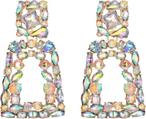 Rhinestone Rectangle Dangle Drop Earrings for Women Geometric Statement Earring Boho Bohemian Sparkly Crystal Prom Jewelry