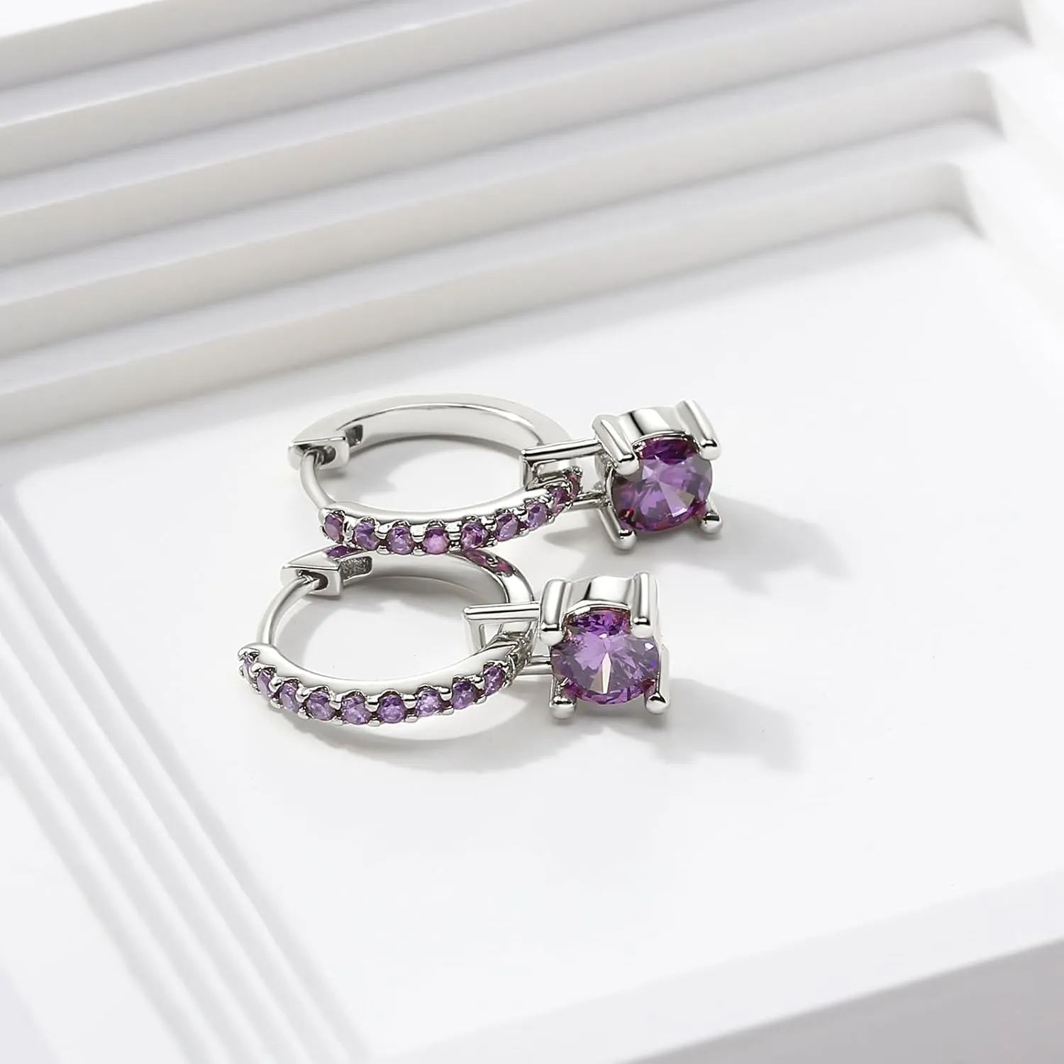 Rhodium Plated Sterling Silver Hoop Earrings for Women Month of Birth  Unique Rhodium Plated Sterling Silver Womens Earrings with Birth Stone  Elegant Colorful Dainty Earrings In Jewelry Pouch  Ideal for Office, Wedding, Everyday Wear