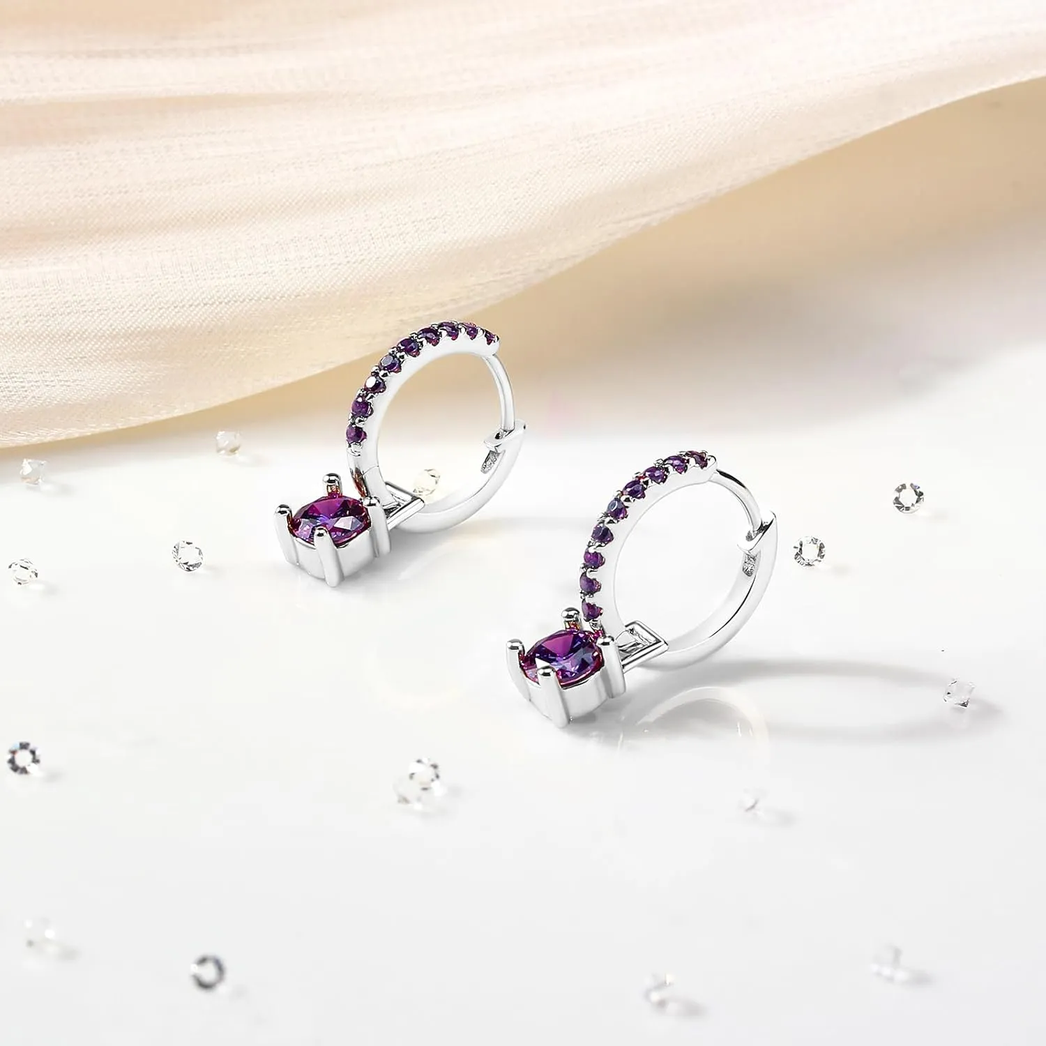 Rhodium Plated Sterling Silver Hoop Earrings for Women Month of Birth  Unique Rhodium Plated Sterling Silver Womens Earrings with Birth Stone  Elegant Colorful Dainty Earrings In Jewelry Pouch  Ideal for Office, Wedding, Everyday Wear