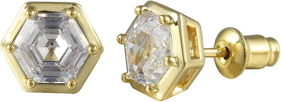 [RIZILIA BEEHIVE] Hexagon Pierced Stud Earrings with Custom-Cut 2CT 6mm Gemstone [White Cubic Zirconia] in 18K Gold Plated