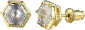 [RIZILIA BEEHIVE] Hexagon Pierced Stud Earrings with Custom-Cut 2CT 6mm Gemstone [White Cubic Zirconia] in 18K Gold Plated