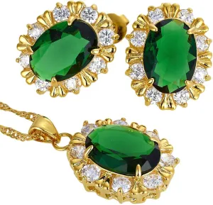 RIZILIA BLOSSOM Jewelry Set Pendant with 18" Chain & Stud Earrings Oval Cut CZ [3 Colors available] in Yellow Gold Plated, Simple Modern Elegant
