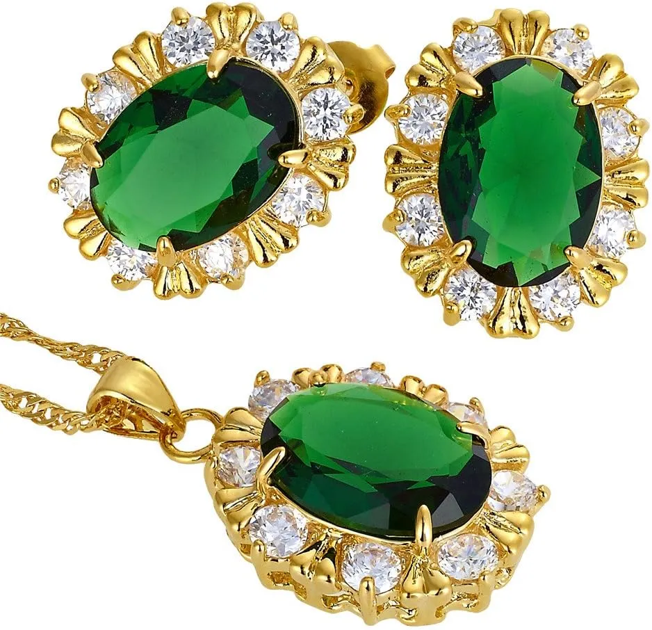 RIZILIA BLOSSOM Jewelry Set Pendant with 18" Chain & Stud Earrings Oval Cut CZ [3 Colors available] in Yellow Gold Plated, Simple Modern Elegant