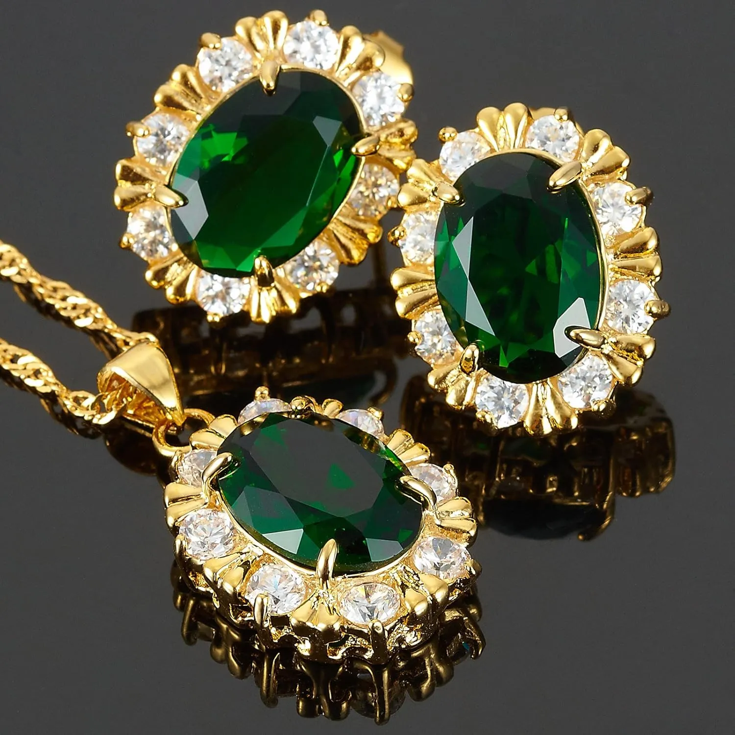 RIZILIA BLOSSOM Jewelry Set Pendant with 18" Chain & Stud Earrings Oval Cut CZ [3 Colors available] in Yellow Gold Plated, Simple Modern Elegant