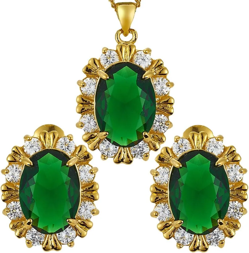 RIZILIA BLOSSOM Jewelry Set Pendant with 18" Chain & Stud Earrings Oval Cut CZ [3 Colors available] in Yellow Gold Plated, Simple Modern Elegant