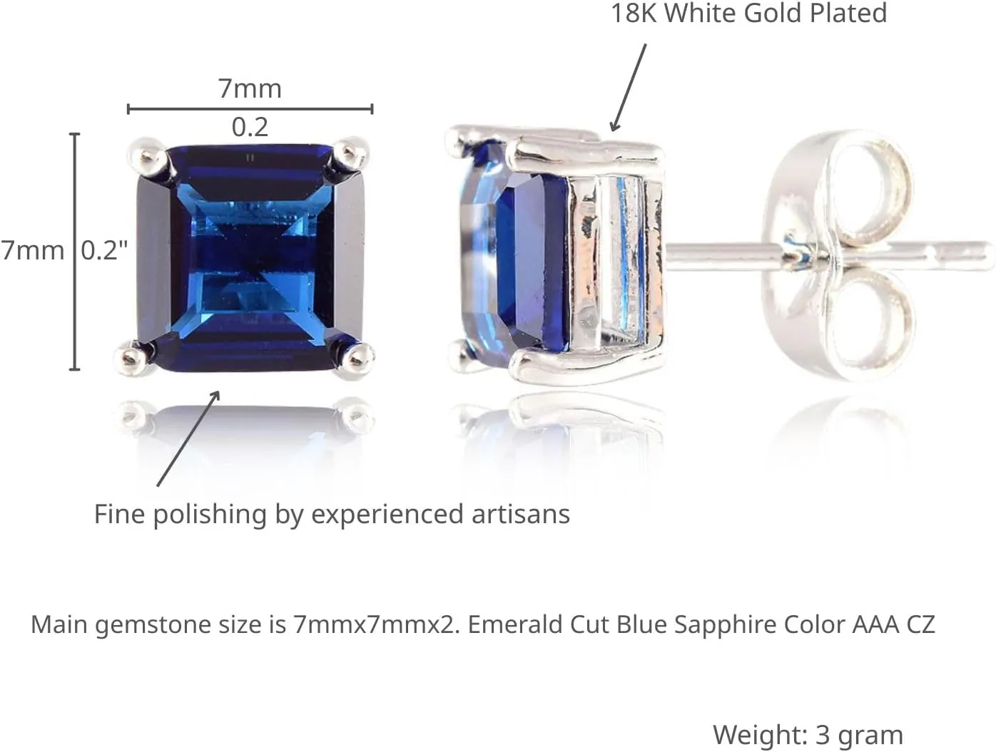 [RIZILIA CLASSIC] Stud Pierced Earrings with Square Emerald Cut Gemstones CZ [Multi-Colors available] in 18K White Gold Plated, Simple Modern Elegant