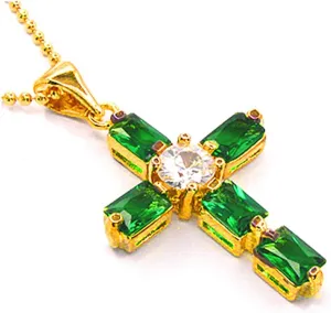 RIZILIA Cross Pendant with 18" Chain & Rectangular Cut CZ [6 Colors Available] in Yellow Gold Plated, Simple Modern Elegant