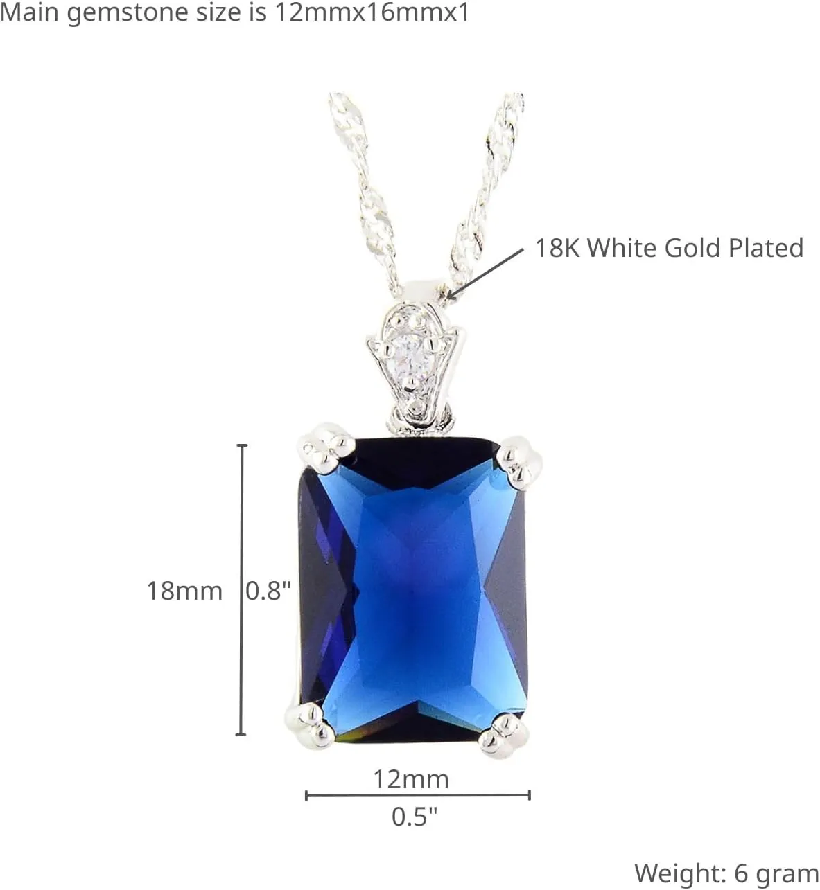 RIZILIA Pendant with 18" Chain & Rectangular Cut CZ [5 Colors available] in White Gold Plated, Simple Modern Elegant