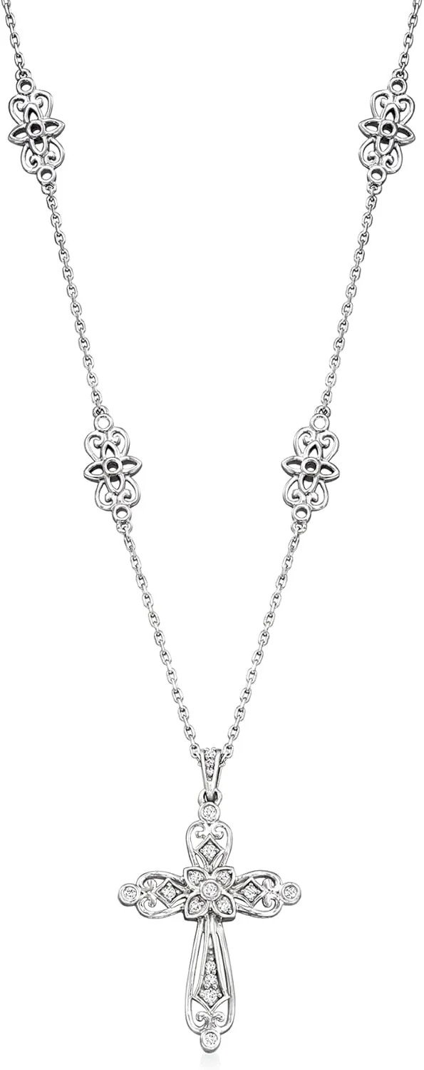Ross-Simons 0.25 ct. t.w. Diamond Openwork Cross Pendant Necklace in Sterling Silver. 20 inches