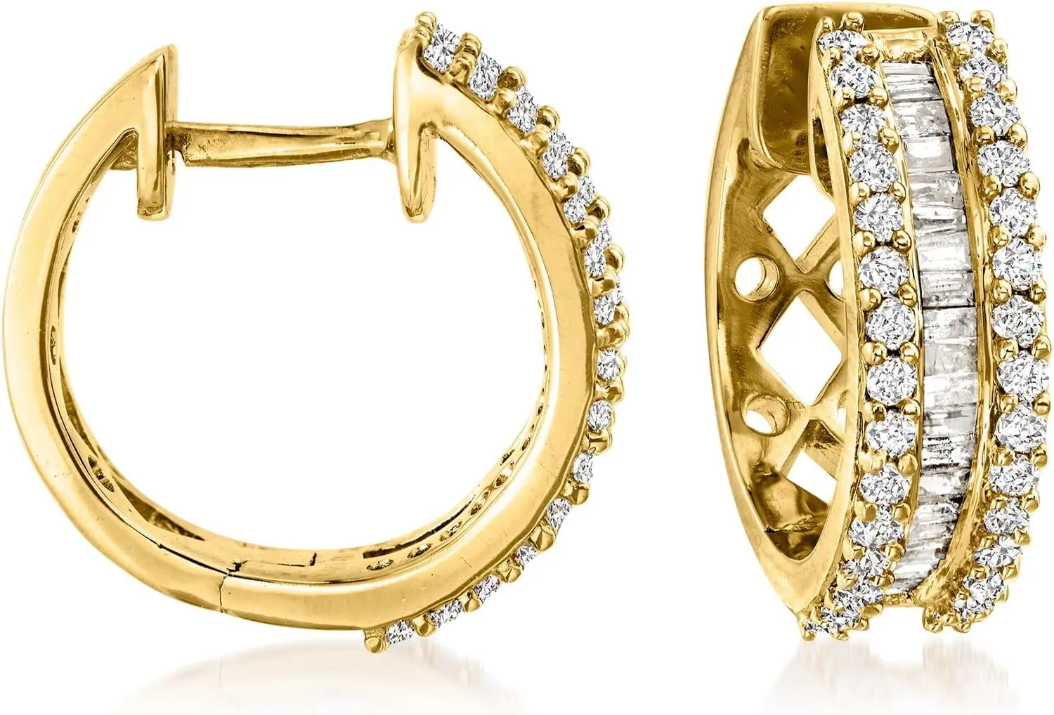 Ross-Simons 1.00 ct. t.w. Round and Baguette Diamond Hoop Earrings in 18kt Gold Over Sterling
