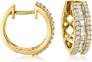 Ross-Simons 1.00 ct. t.w. Round and Baguette Diamond Hoop Earrings in 18kt Gold Over Sterling