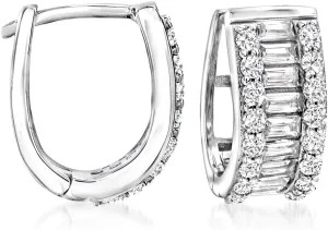 Ross-Simons 1.40 ct. t.w. Baguette and Round CZ Huggie Hoop Earrings in Sterling Silver