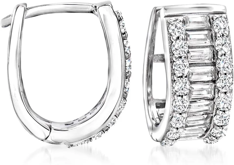 Ross-Simons 1.40 ct. t.w. Baguette and Round CZ Huggie Hoop Earrings in Sterling Silver
