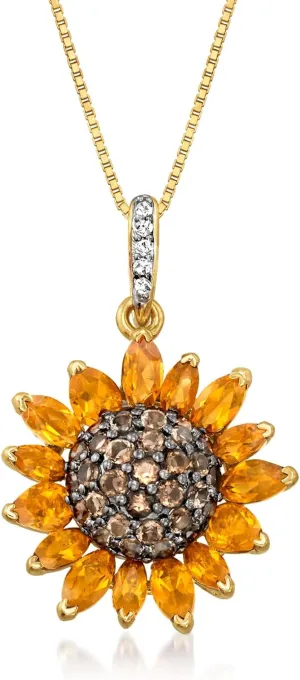 Ross-Simons 1.70 ct. t.w. Citrine and .80 ct. t.w. Smoky Quartz and .10 ct. t.w. White Topaz Sunflower Pendant Necklace in 18kt Gold Over Sterling. 18 inches