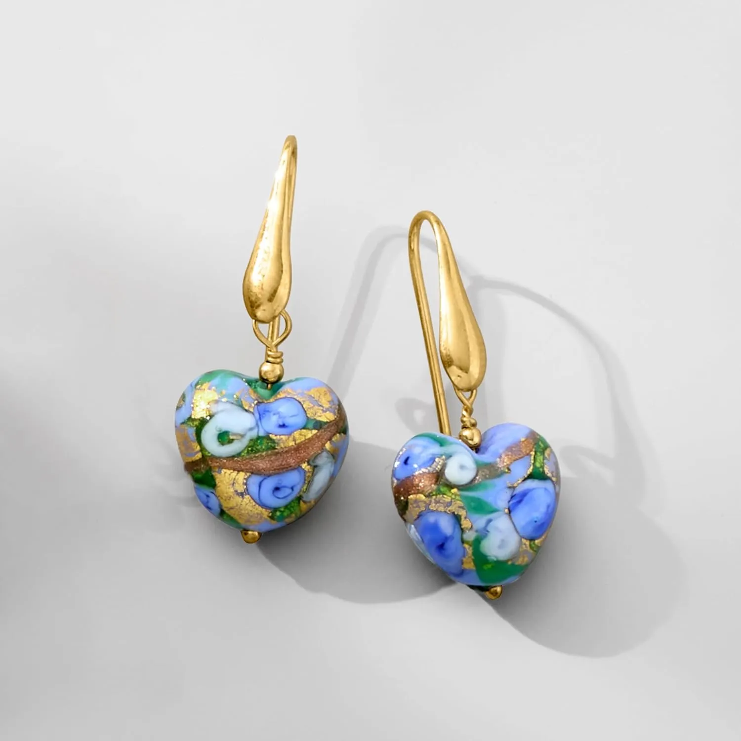 Ross-Simons Italian Murano Glass Heart Drop Earrings in 18kt Gold Over Sterling