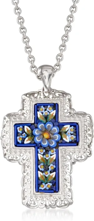 Ross-Simons Italian Murano Glass Mosaic Floral Cross Pendant Necklace in Sterling Silver