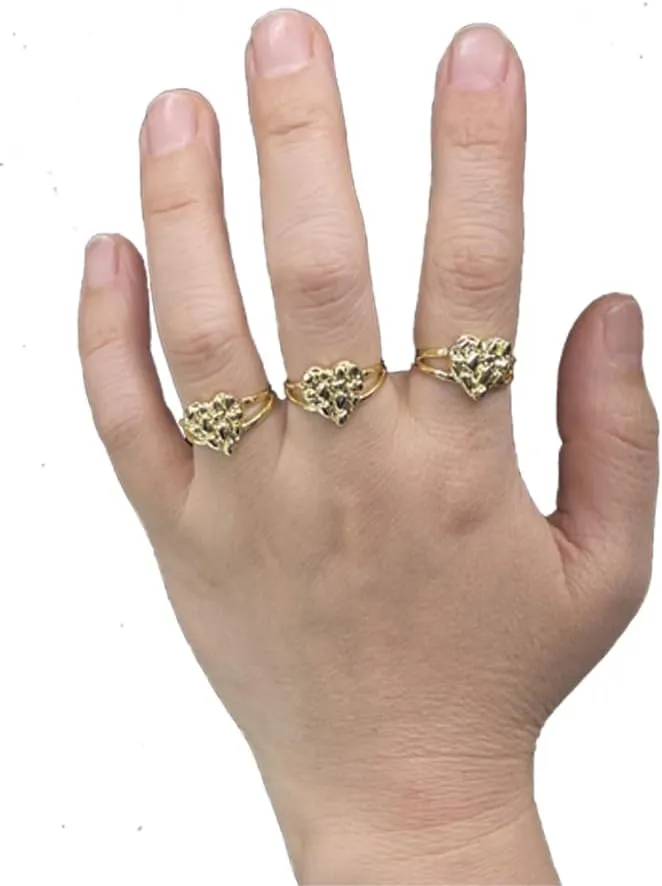 Rough Textured Cookie Nugget Heart Rings 18k Gold Plated Brass