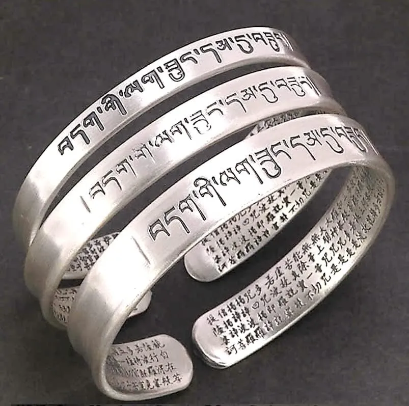 S925 Silver Heart Sutra cuff bracelet for men women ~ Six-Character Prayer Mantra Bangle ~ Couples Jewelry By Fantasy World