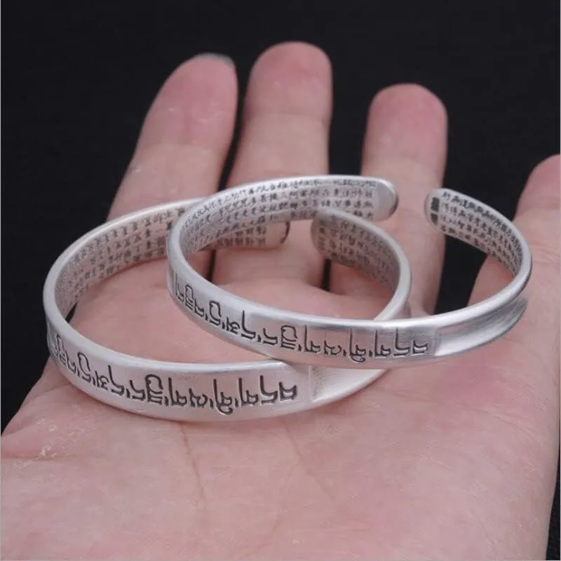 S925 Silver Heart Sutra cuff bracelet for men women ~ Six-Character Prayer Mantra Bangle ~ Couples Jewelry By Fantasy World