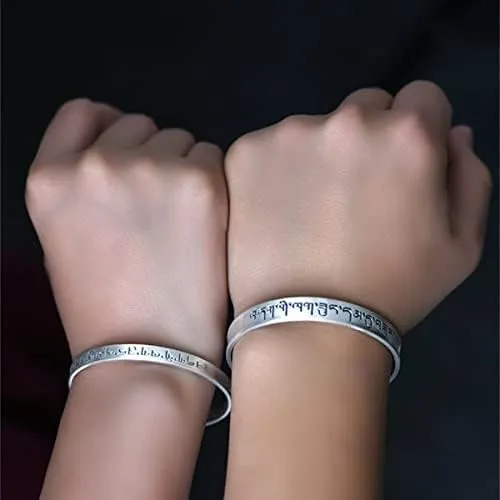 S925 Silver Heart Sutra cuff bracelet for men women ~ Six-Character Prayer Mantra Bangle ~ Couples Jewelry By Fantasy World