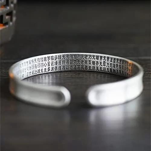 S925 Silver Heart Sutra cuff bracelet for men women ~ Six-Character Prayer Mantra Bangle ~ Couples Jewelry By Fantasy World