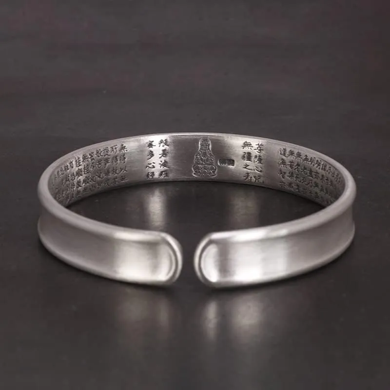 S925 Silver Heart Sutra cuff bracelet for men women ~ Six-Character Prayer Mantra Bangle ~ Couples Jewelry By Fantasy World