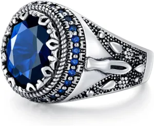 Sapphire Ring for Men S925 Sterling Silver Blue Sapphire Rings Men Vintage Pattern Sapphire Mens Sapphire Silver Ring Ottoman Style Ring Handmade for Mens Ring Jewelry Gift Size 4-16(Parent)