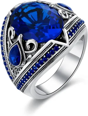 Sapphire Ring for Men S925 Sterling Silver Oval Blue Sapphire Rings Men Vintage Pattern Sapphire 13 * 17mm Handmade for Mens Ring Luxury Jewelry Gift Wedding Engagement Band