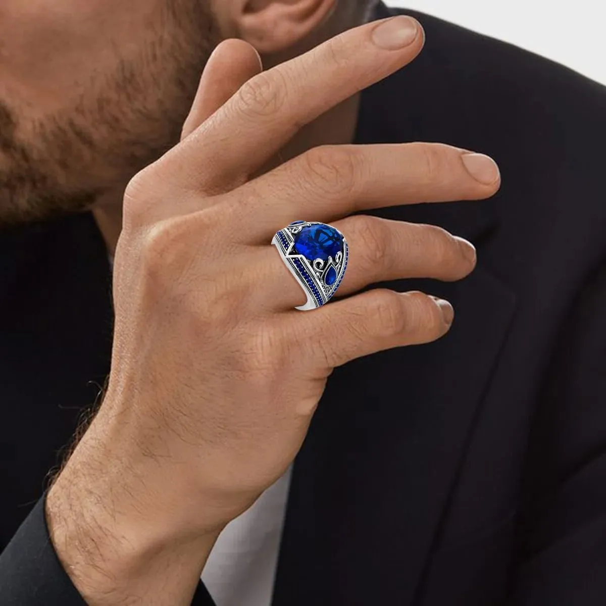 Sapphire Ring for Men S925 Sterling Silver Oval Blue Sapphire Rings Men Vintage Pattern Sapphire 13 * 17mm Handmade for Mens Ring Luxury Jewelry Gift Wedding Engagement Band