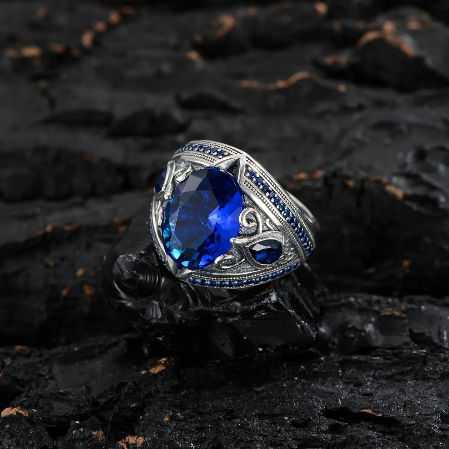Sapphire Ring for Men S925 Sterling Silver Oval Blue Sapphire Rings Men Vintage Pattern Sapphire 13 * 17mm Handmade for Mens Ring Luxury Jewelry Gift Wedding Engagement Band