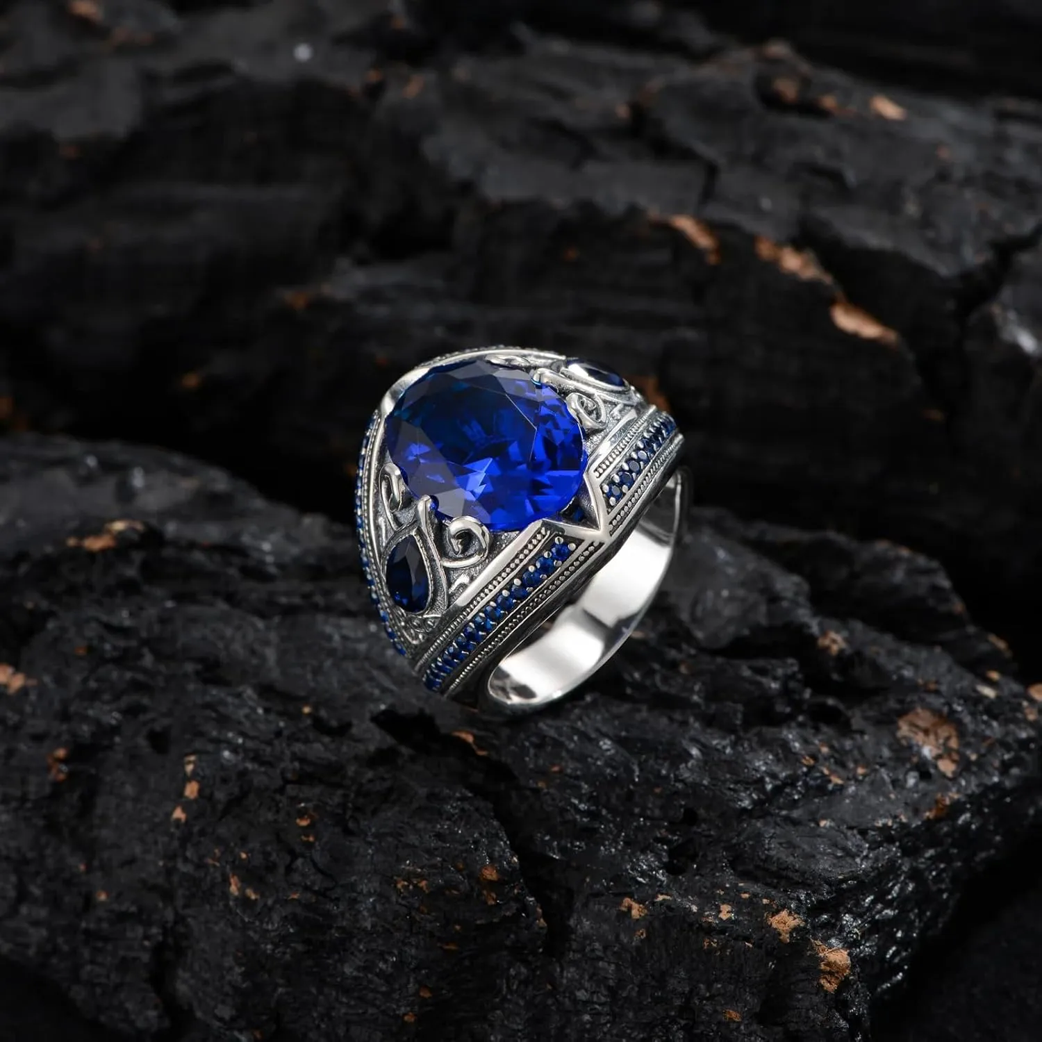 Sapphire Ring for Men S925 Sterling Silver Oval Blue Sapphire Rings Men Vintage Pattern Sapphire 13 * 17mm Handmade for Mens Ring Luxury Jewelry Gift Wedding Engagement Band