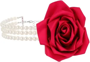 Satin Rose Pearl Choker Necklace 3-Strand Layered Design Flower Brooch Collar Chain Multi-Color Options Vintage Faux Pearl Thick Neck Jewelry for Women