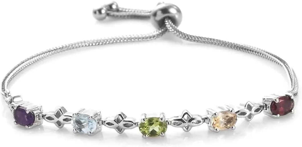 SHOP LC DELIVERING JOY Birthstone Bolo Bracelet for Women Stainless Steel Platinum Plated Adjustable Jewelry Birthday Gifts for Women Size 9" Birthday Gifts