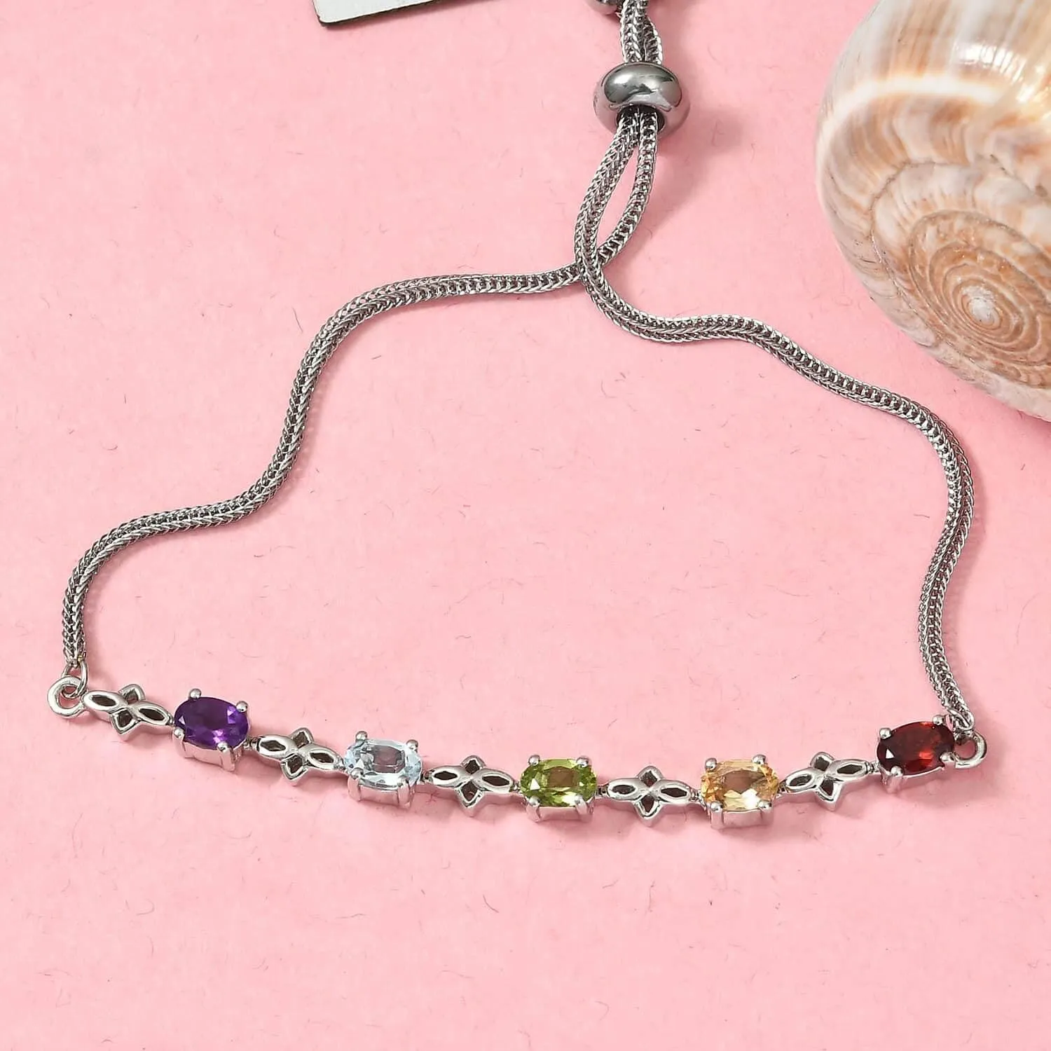 SHOP LC DELIVERING JOY Birthstone Bolo Bracelet for Women Stainless Steel Platinum Plated Adjustable Jewelry Birthday Gifts for Women Size 9" Birthday Gifts