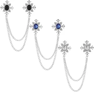 Shuxy 3PCS Men's Brooch Hanging Chain Brooch Black Blue White Stone Cross Crystal Tassel Chain Brooch Metal Brooch Suit Stud Lapel Pin Vintage Rhinestone Breastpin Wedding Brooch Pin, Silver