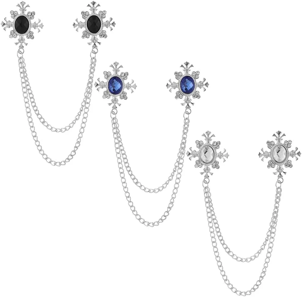Shuxy 3PCS Men's Brooch Hanging Chain Brooch Black Blue White Stone Cross Crystal Tassel Chain Brooch Metal Brooch Suit Stud Lapel Pin Vintage Rhinestone Breastpin Wedding Brooch Pin, Silver