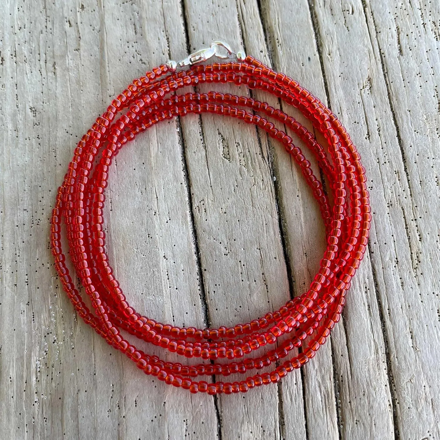 Siam Red Seed Bead Necklace, Thin 1.5mm Single Strand Beaded Necklace (Shiny Siam Red)