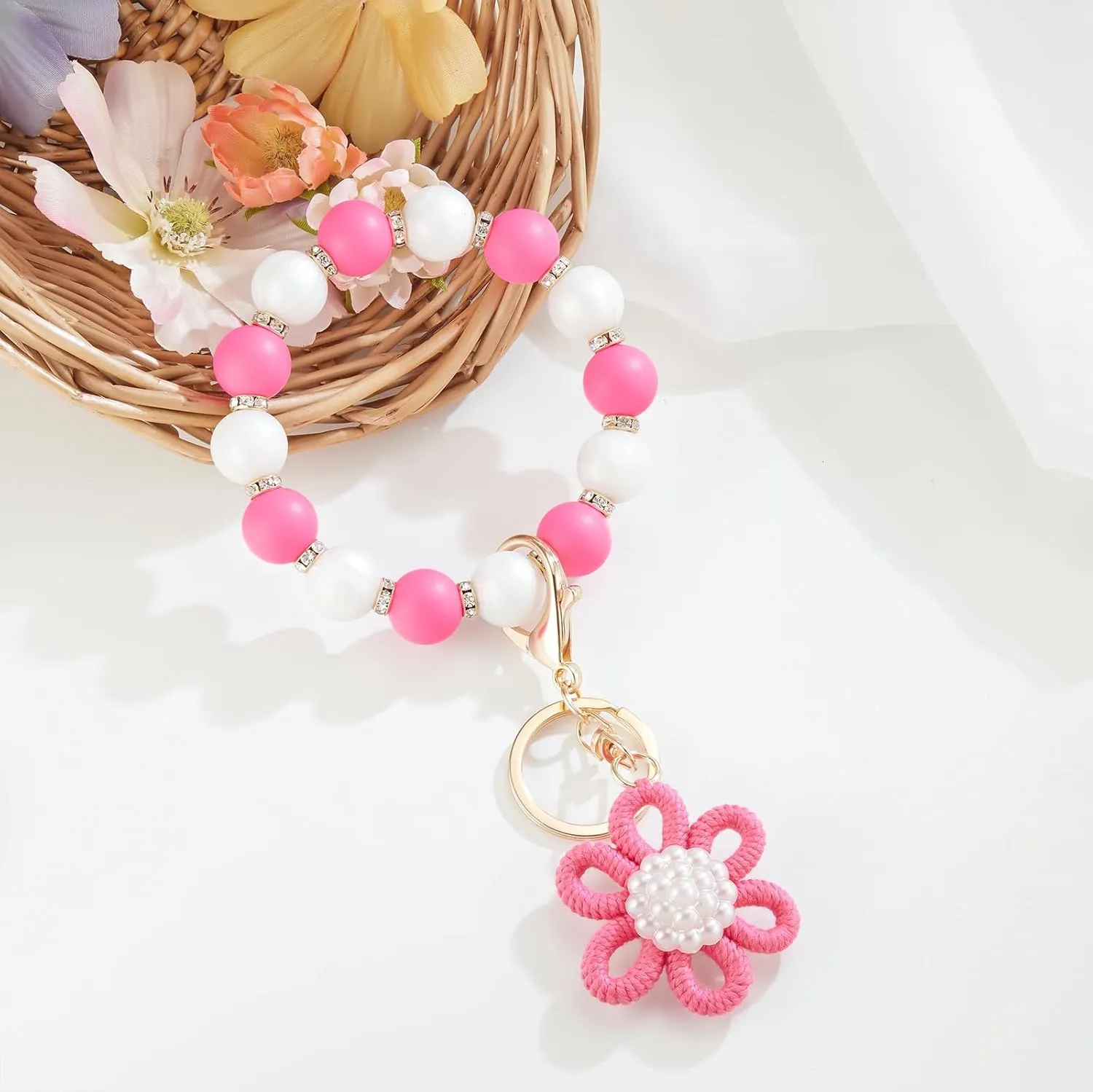 Silicone Beaded Bangle Key Ring With Butterfly Pendant Wristlet Bracelet Keychain For Women Girls