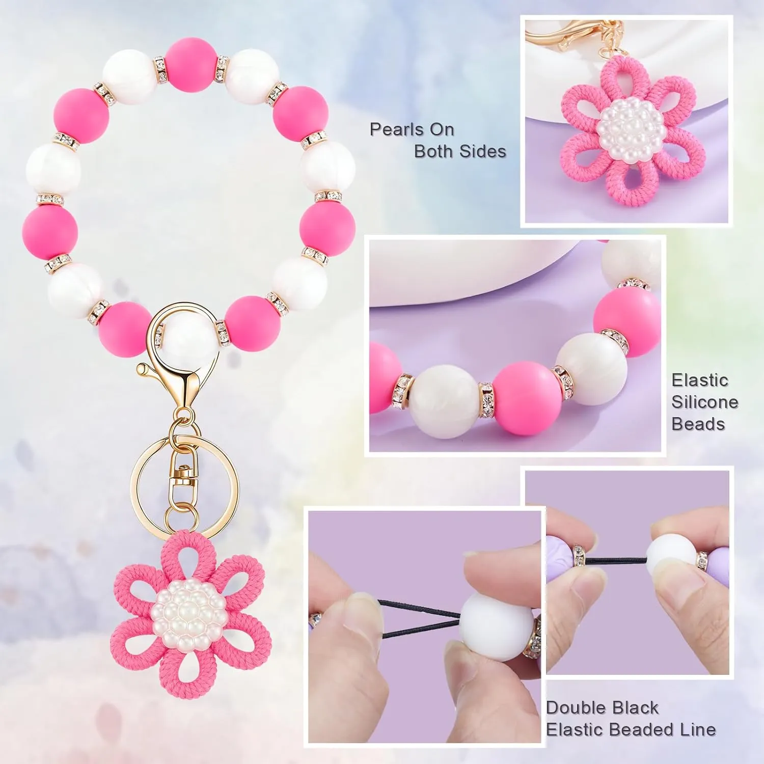 Silicone Beaded Bangle Key Ring With Butterfly Pendant Wristlet Bracelet Keychain For Women Girls