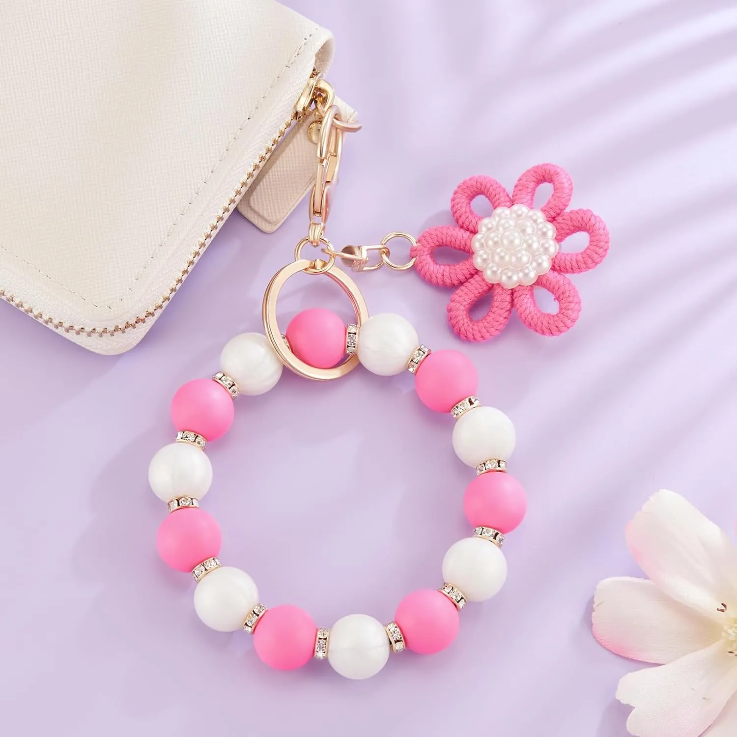 Silicone Beaded Bangle Key Ring With Butterfly Pendant Wristlet Bracelet Keychain For Women Girls