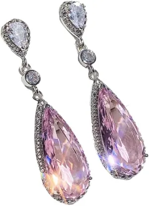 Silver Tone Antique Vintage Retro Art Deco Style Gatsby Flapper Pink Morganite Tourmaline Rhinestone Earrings