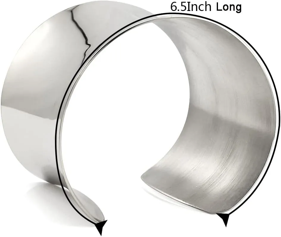 Silver Wide Grooved Cuff Bangle for Women Lady Stainless Steel Shiny Punk Bracelet