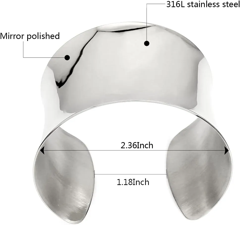 Silver Wide Grooved Cuff Bangle for Women Lady Stainless Steel Shiny Punk Bracelet