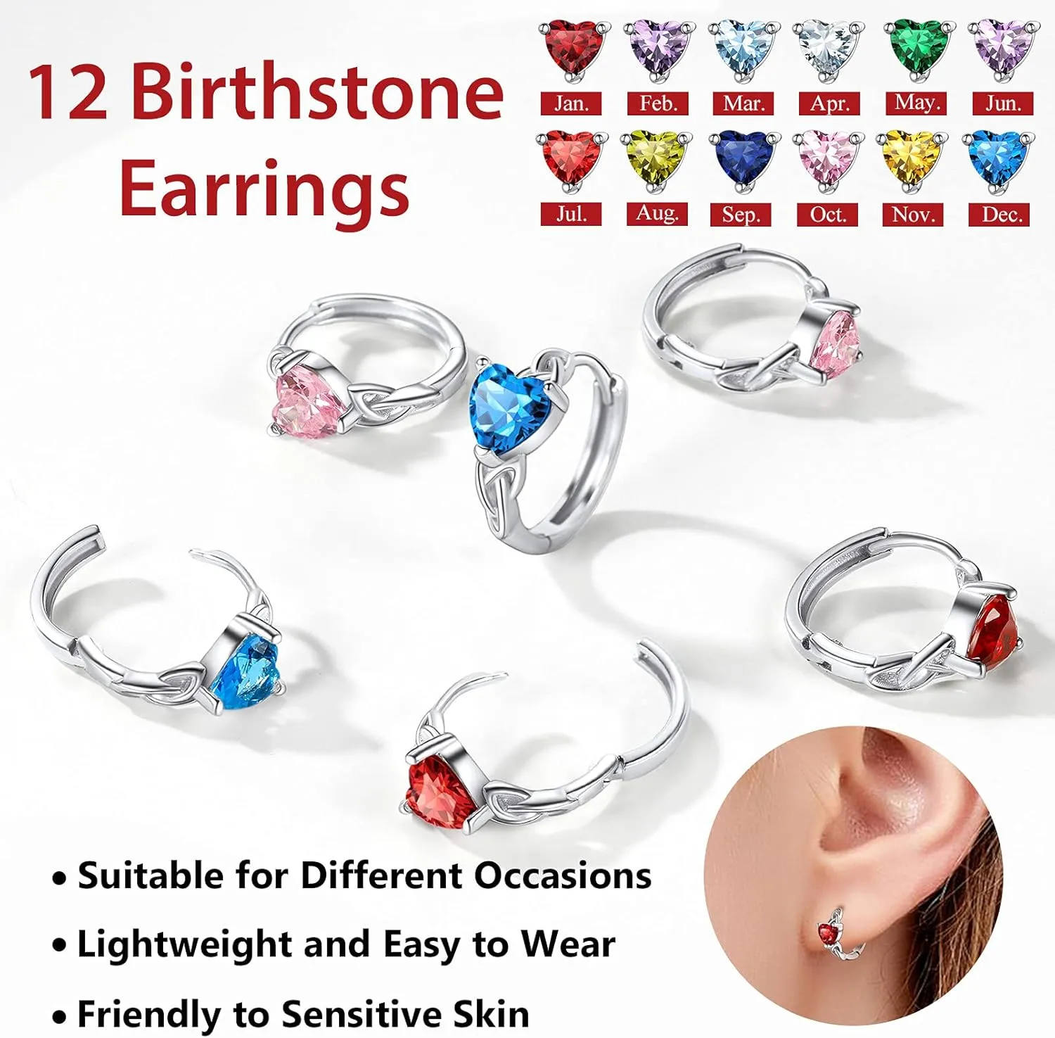 Silvora Celtic Knot Sterling Silver Birthstone Hoop Earrings with Shiny Cubic Zirconia for Women Girls Birthday Jewelry